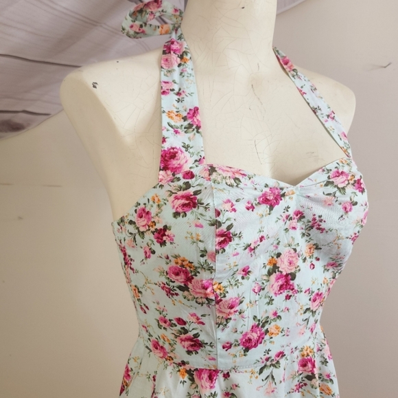 Queen of Holloway Dress Vintage Blue Floral 50s Rockabilly Pin Up Cottagecore - Picture 2 of 6